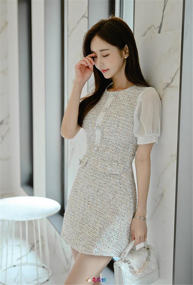 孙允珠丨粗砂呢纹英伦曼妙素雅包臀裙