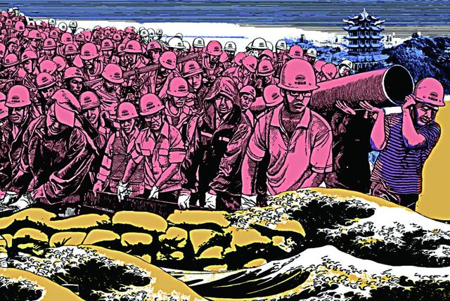 《迎击洪峰》殷鸣(综合材料)《治水英雄》董吉祥(油画)《抗洪长堤党旗