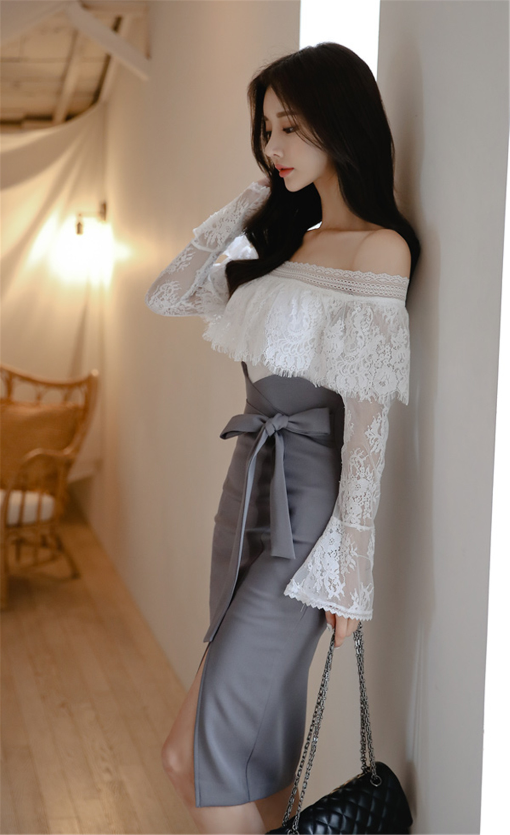 孙允珠丨雅致清灰蕾丝层叠镂花拼搭裙