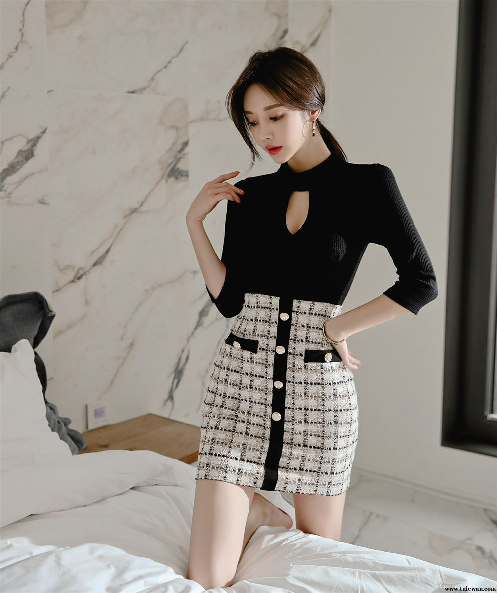 孙允珠丨亮黑镂空烁色钻石水滴拼搭裙