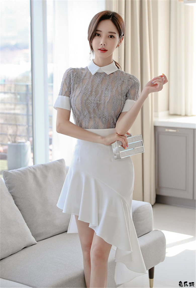 孙允珠：灰黛青丝苔纹翻领不规则长裙