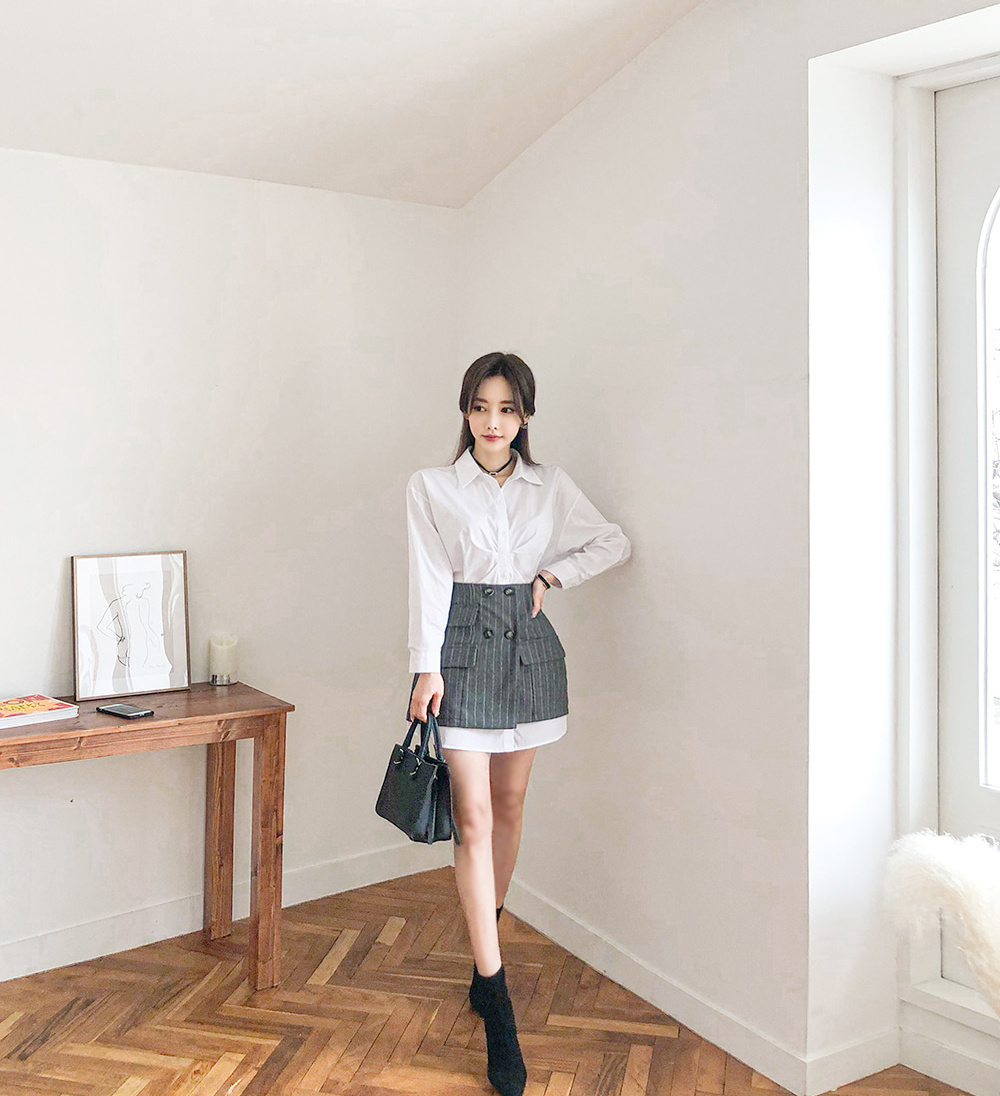 孙允珠丨小资轻熟泛灰职场英伦竖纹裙