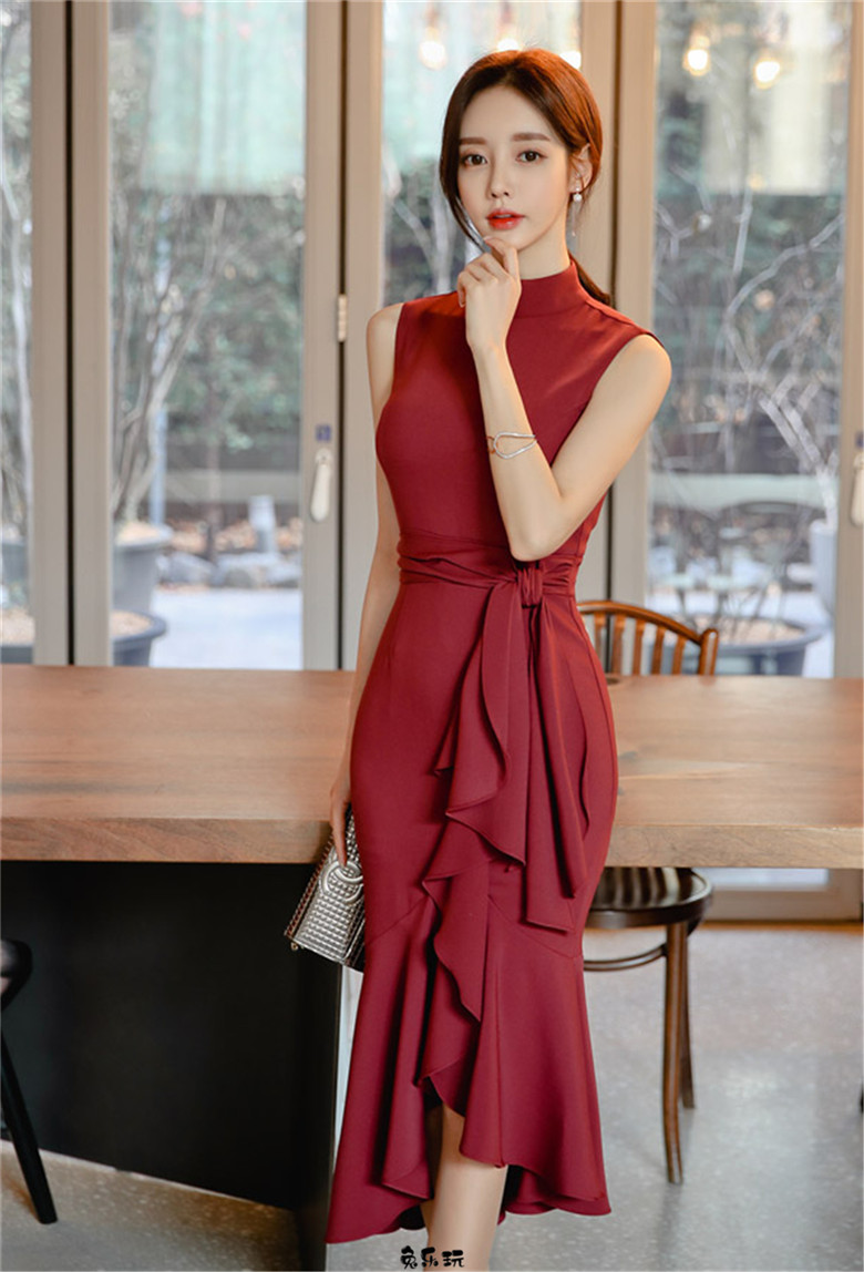 孙允珠：美酒枣红佛拉明哥曼妙无袖裙