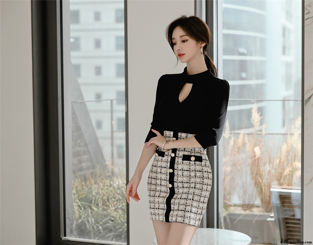 孙允珠丨亮黑镂空烁色钻石水滴拼搭裙